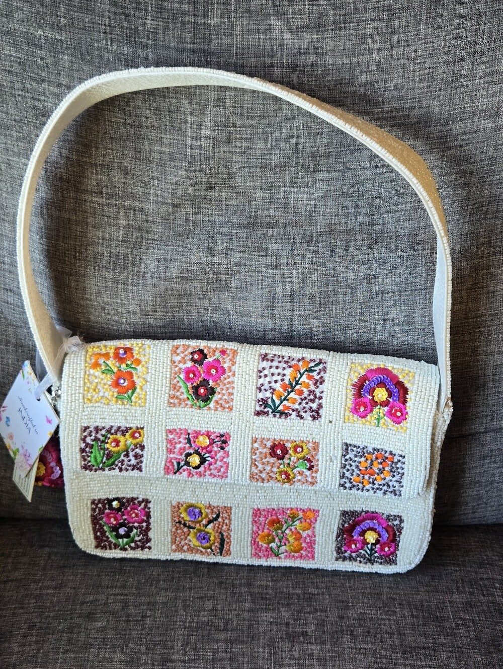 New Beaded Floral Patch White Flap Shoulder Bag Handcrafted In India